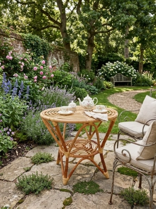 Tavolino da Tè Rotondo in Rattan Naturale con Ripiano Inferiore – Stile Boho ed Etnico