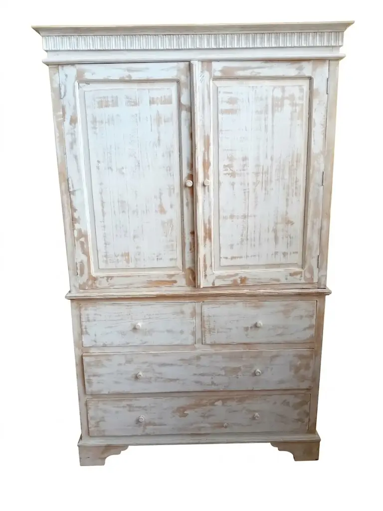Armadio  (118x56 cm, H 200 cm) Stipo in Legno Massello Decapato Bianco – 2 Ante e 4 Cassetti