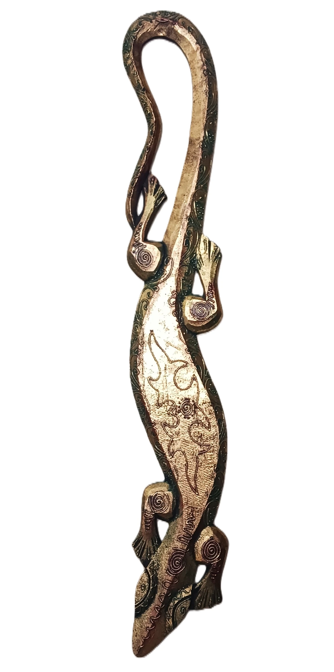 Geco Decorativo Lungo Dorato – Scultura da Parete Portafortuna in Legno Cm 98 H