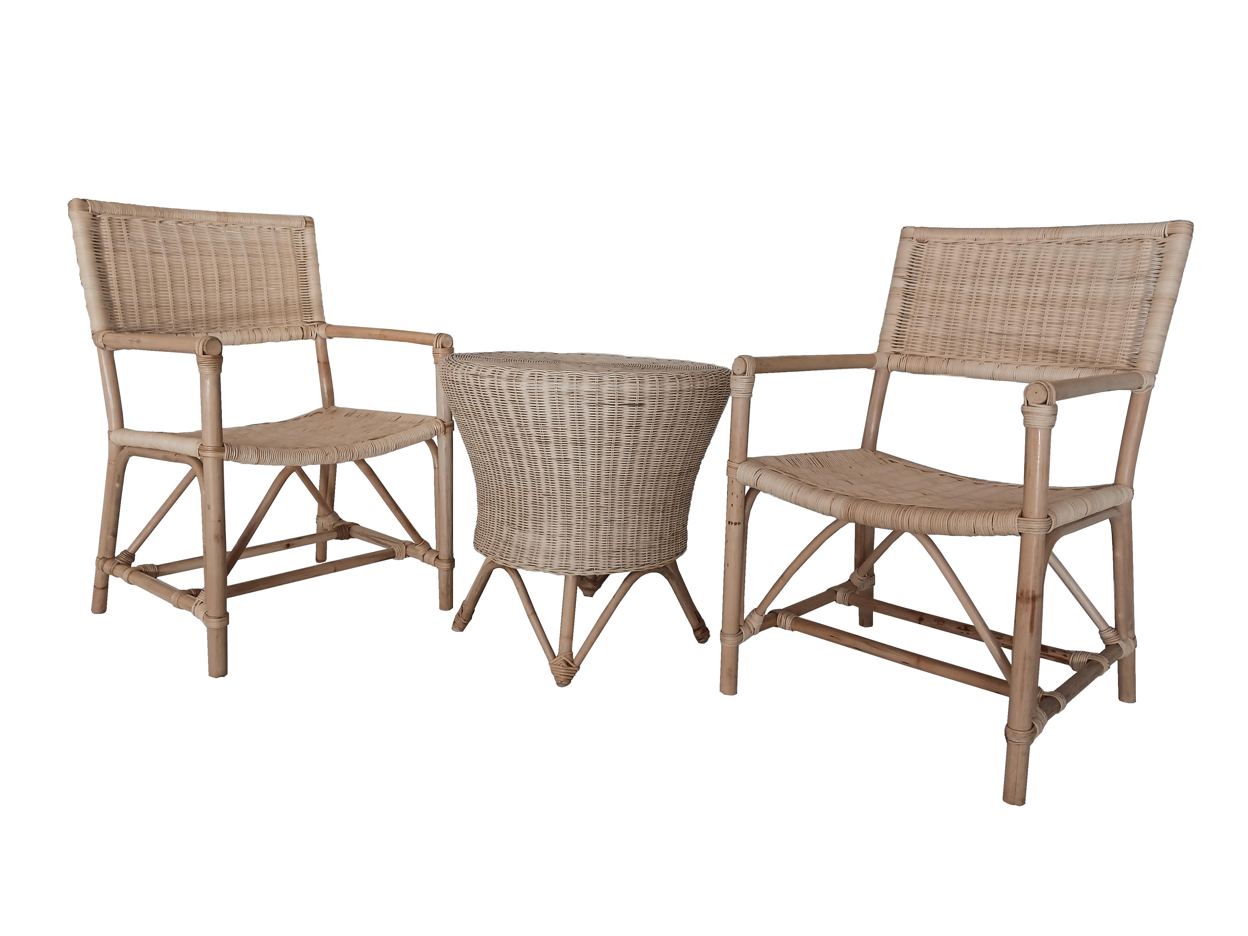 Salottino da Giardino e Interni in Vimini Rattan / Midollino Naturale – Set 2 Poltrone e Tavolino Tondo - 3
