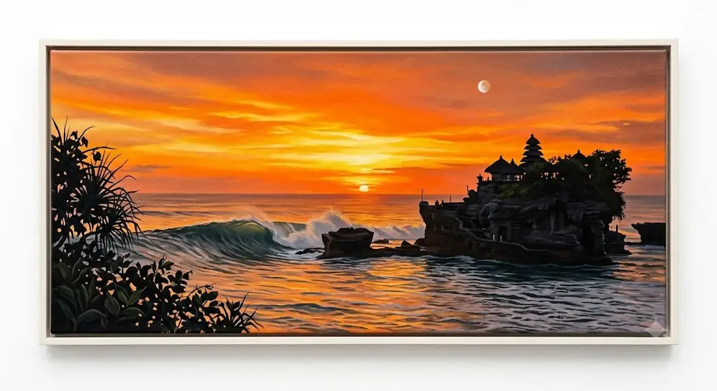 Quadro Batik Balinese "Tramonto a Tanah Lot" – Fatto a Mano a Bali (90x35 cm)