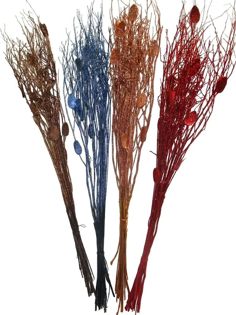 Set 4 Mazzi Decorativi Glitterati di Natale in Midollino con Foglie h 100 cm