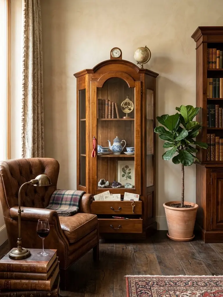 Vetrina Stipa cm 87x35x194 h in Legno Massello a 1 Anta con Vetri Laterali e 2 Cassetti