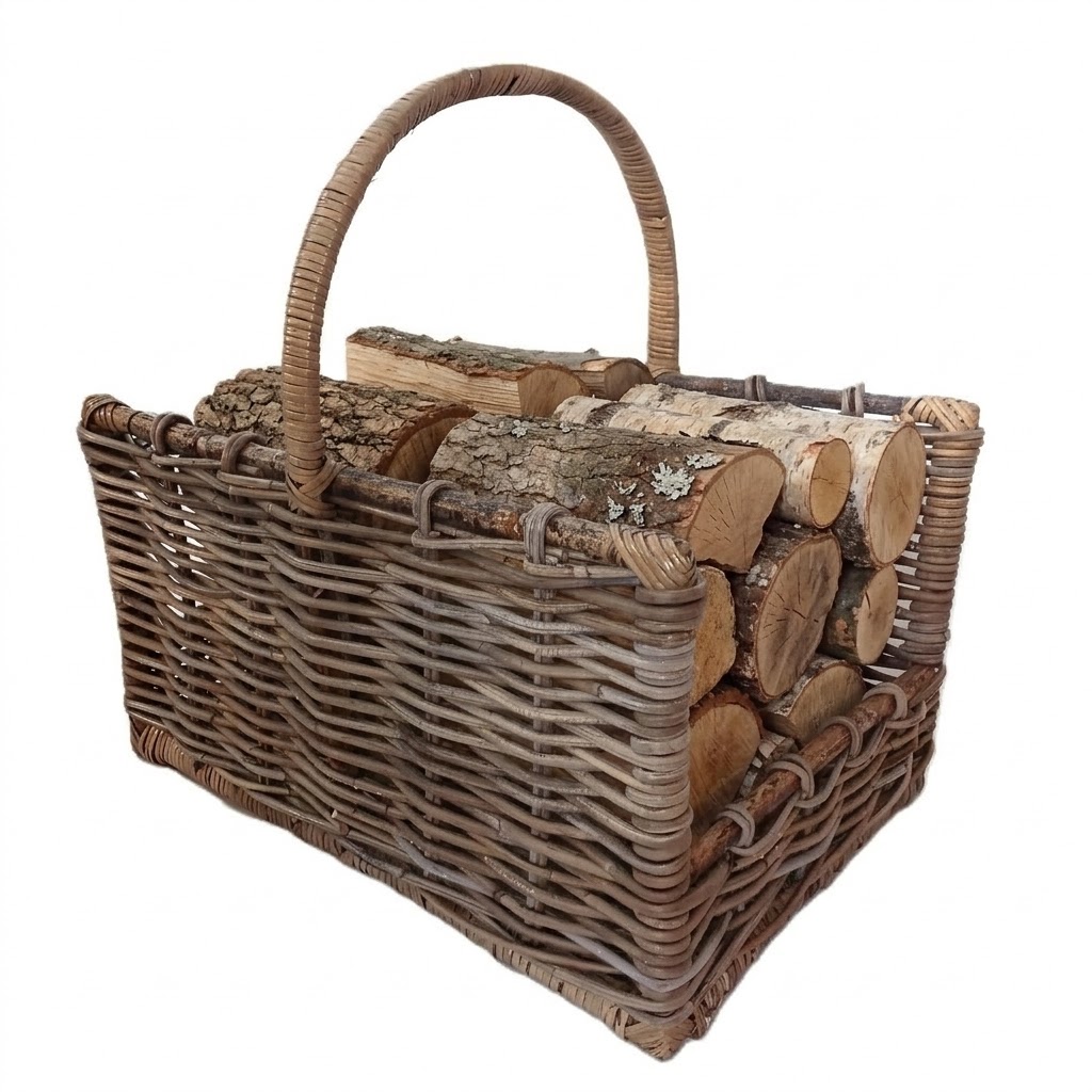 porta legna con manico in vimini cm 57x44x34 H con manico cm 56 H